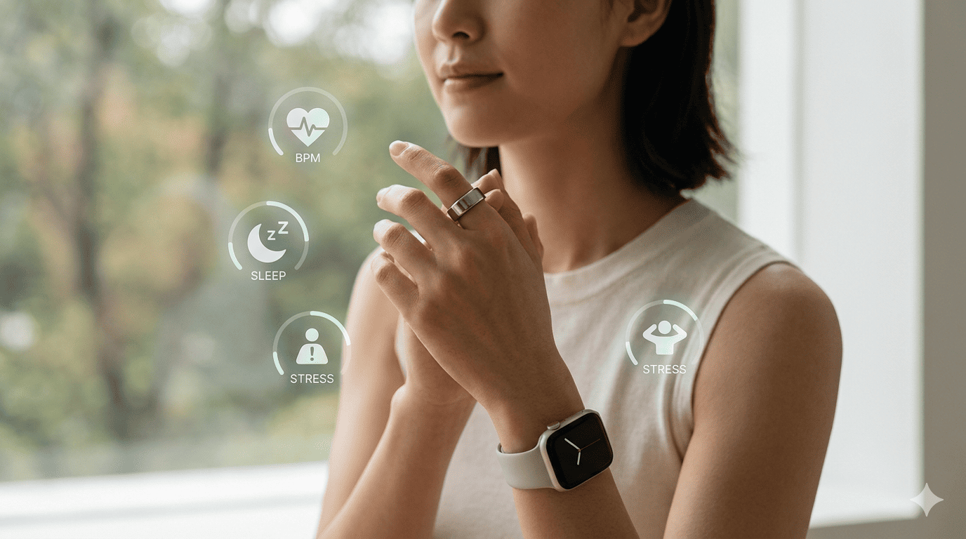 This image shows wearable device for tracking health metrics such as heart rate, sleep, and stress. Photo courtesy of AI.