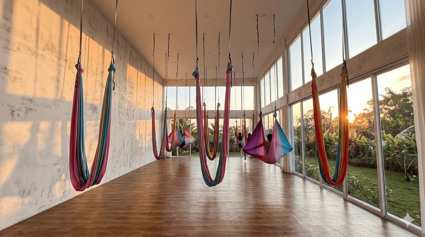 This image shows an aerial yoga studio, a wellness-focused space equipped with soft fabric hammocks.