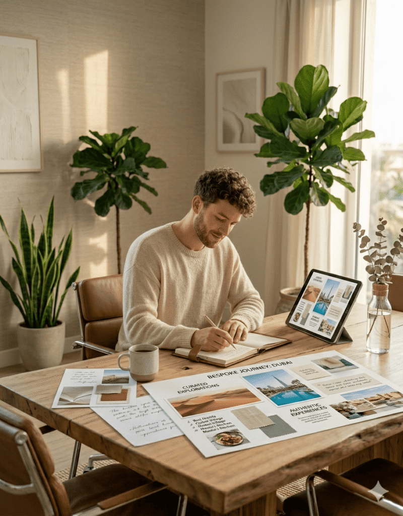 This image shows a person engaged in professional travel planning.