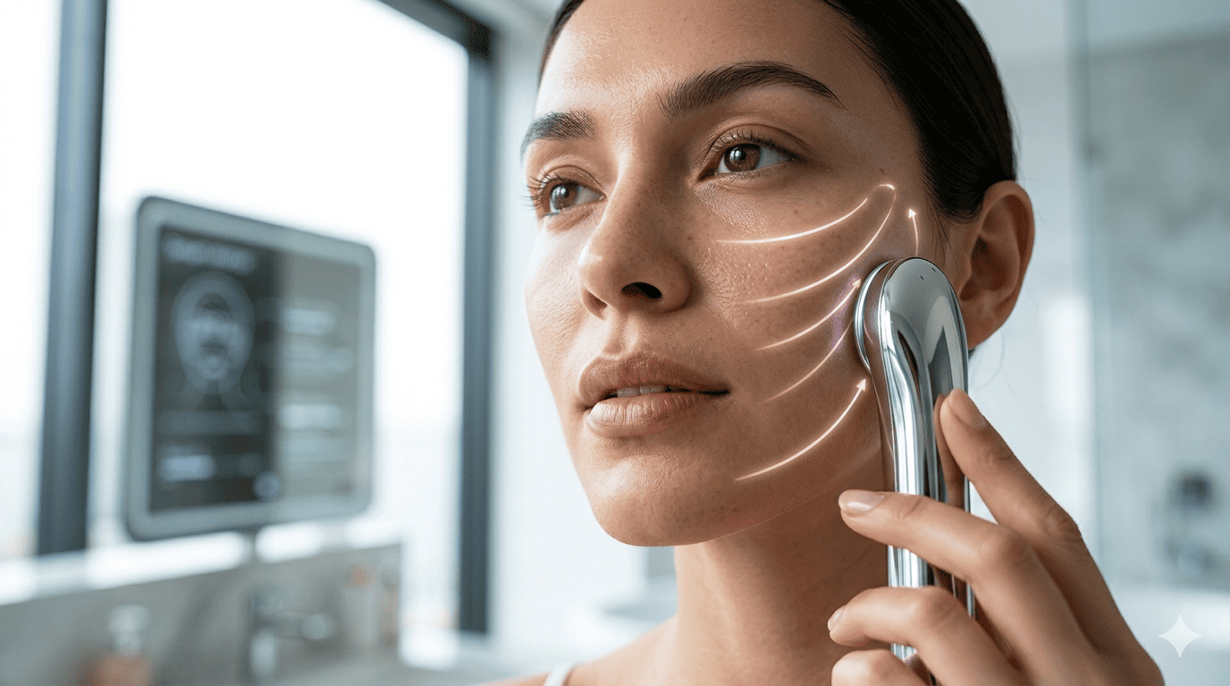 This image shows a person using a facial beauty device. Photo Credit: Ai