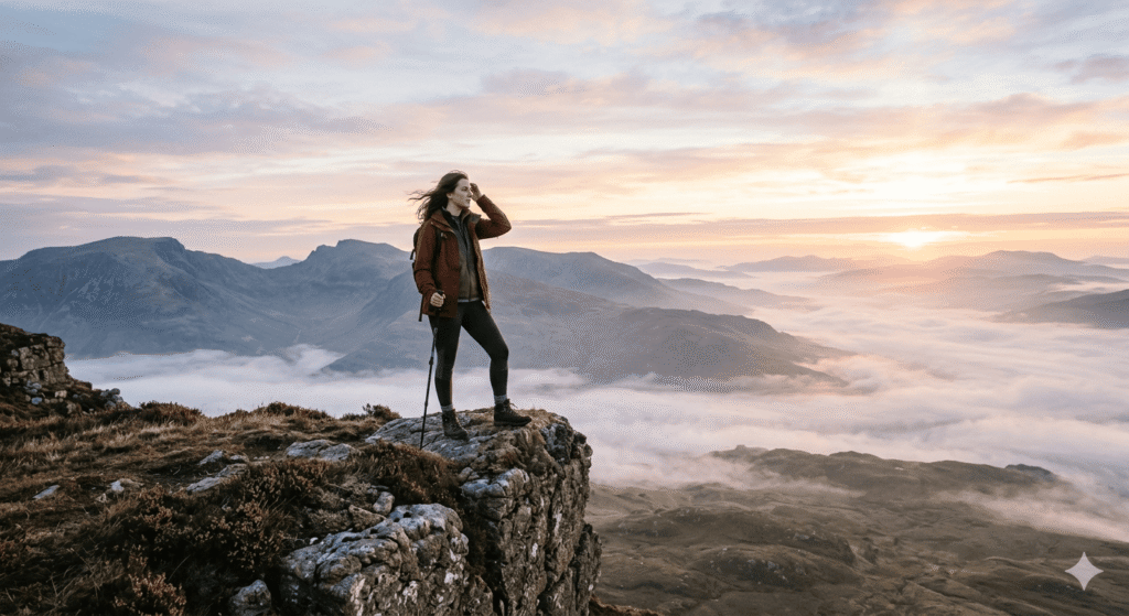 This image captures a hiker standing on a rocky outcrop at sunrise