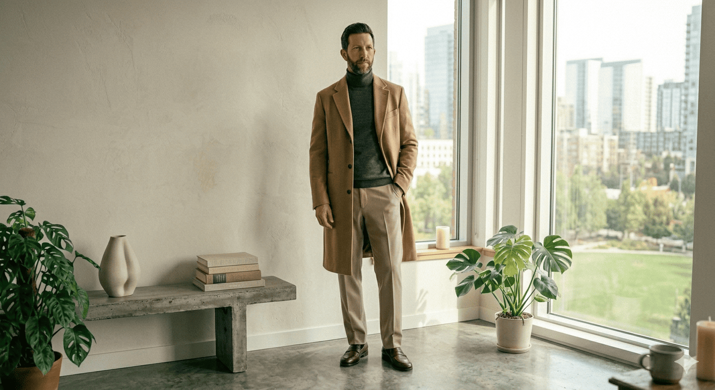 The man in the image is wearing a classic ensemble consisting of a camel-colored wool blend overcoat, a dark turtleneck sweater and tailored trousers.