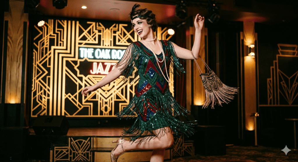 lEGACY pUBLICATION: This image features a woman wearing a decorative 1920s-style flapper dress.