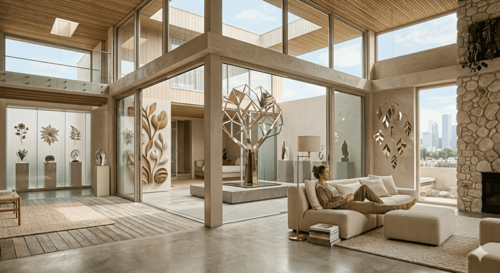 This image features the interior of a luxury, double-height modern villa.