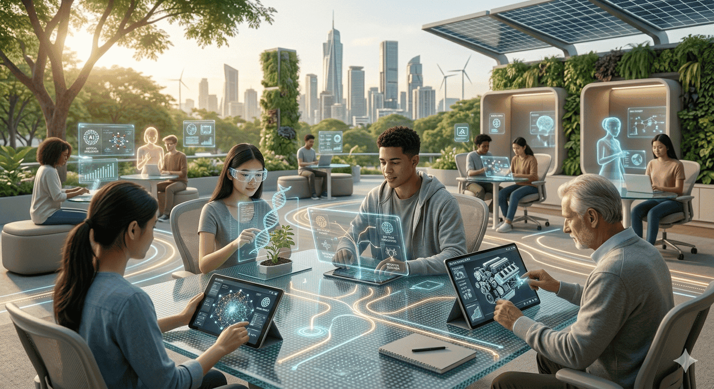 This image illustrates a vision of a futuristic, sustainable "Smart City" workplace where human creativity and artificial intelligence (AI) collaborate seamlessly