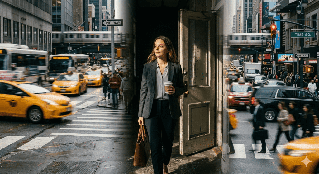 This image is a composite photograph depicting a woman walking through a busy city environment