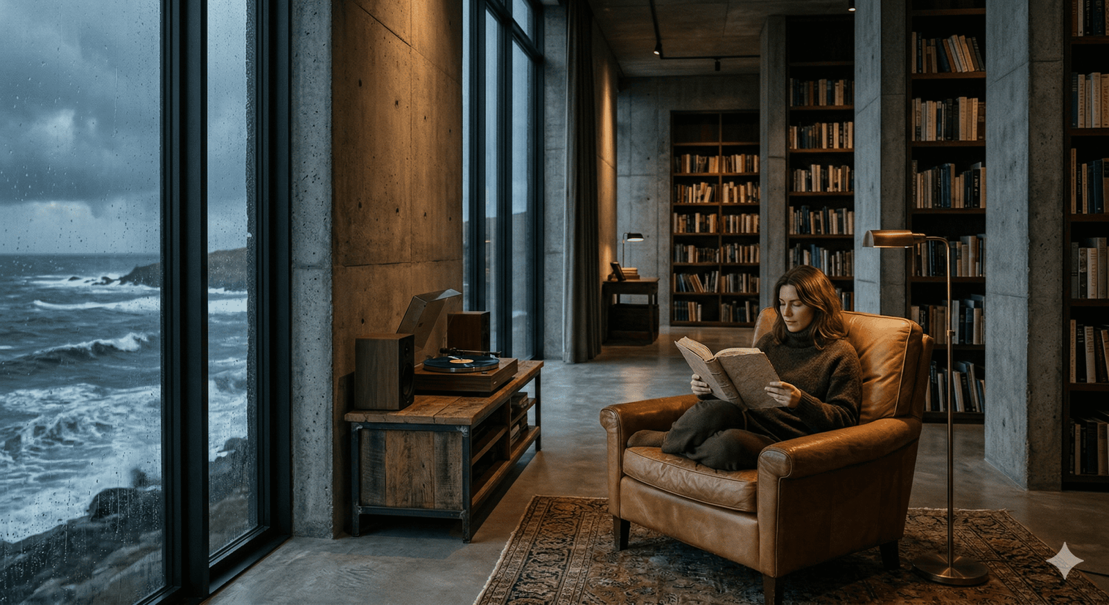 This image portrays a serene, coastal modern interior scene