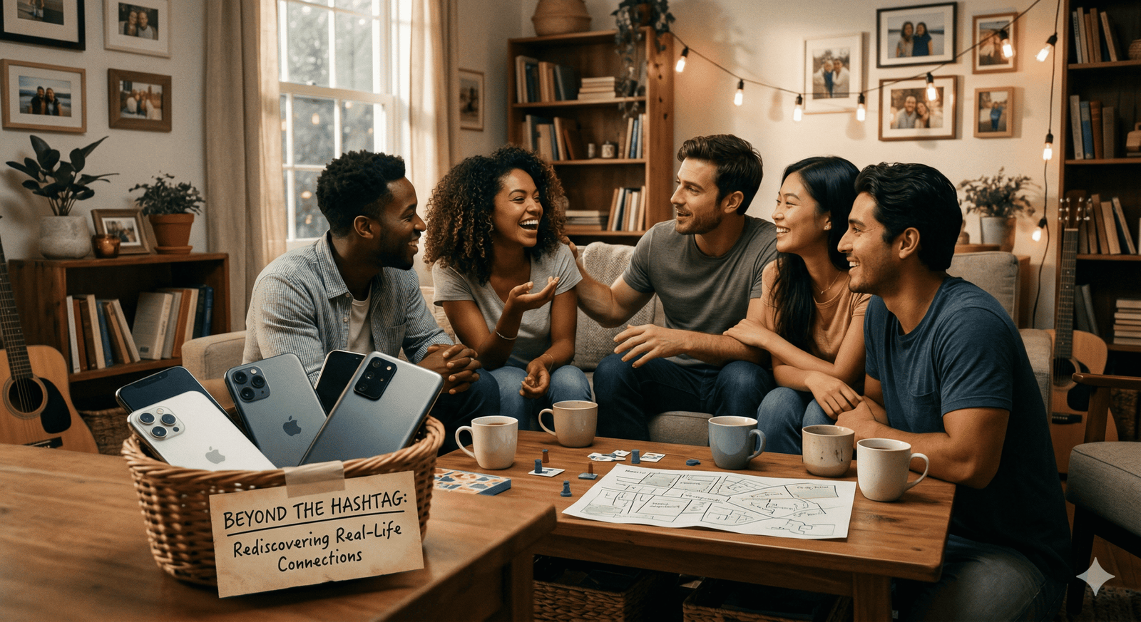 The image features a gathering of friends putting their smartphones away. 