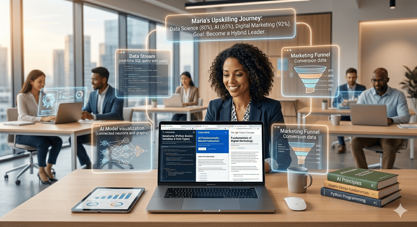 The image illustrates an individual's professional upskilling journey, highlighting her progress in key technical fields.