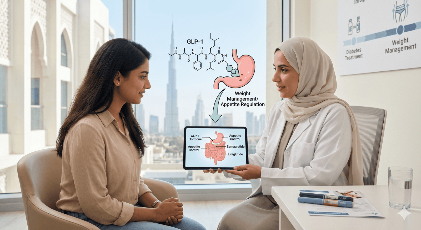 This image illustrates the medical consultation process for managing diabetes and weight loss using GLP-1 medications