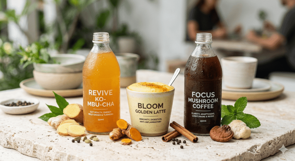 This image showcases a set of health-focused beverages
