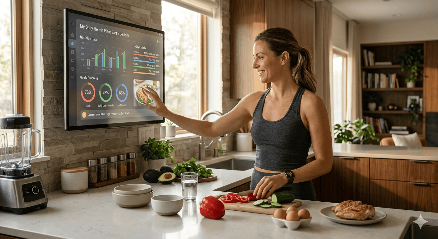 The image displays a smart display acting as a digital kitchen hub. 