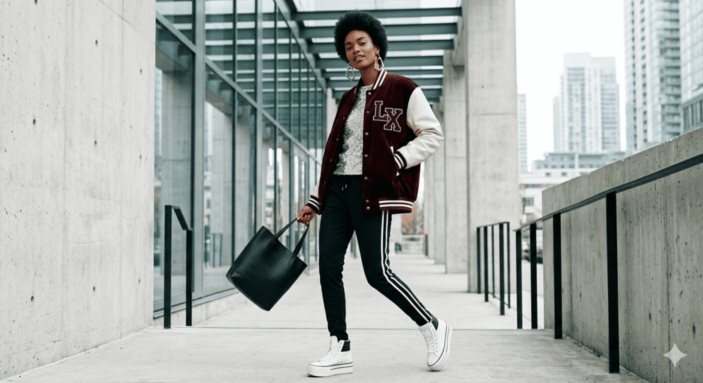 This image shows a person wearing a classic varsity-style letterman jacket