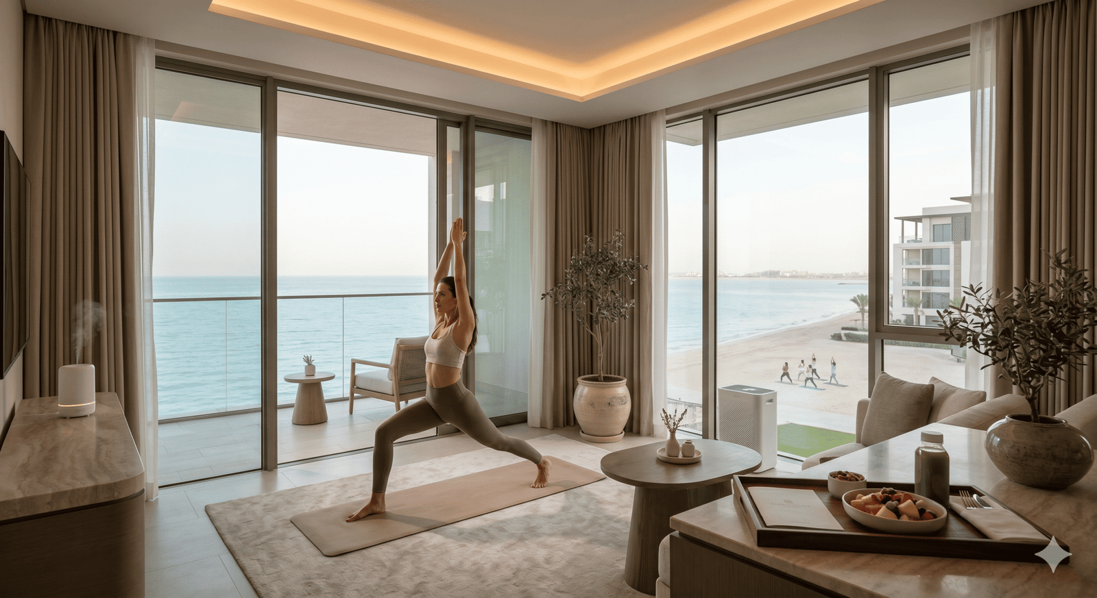 This image depicts a serene morning wellness routine within a high-end, luxury hotel room