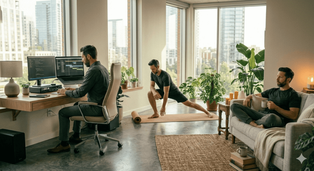 This image is a illustration showing a individual multitasking and managing a balanced lifestyle within their home.