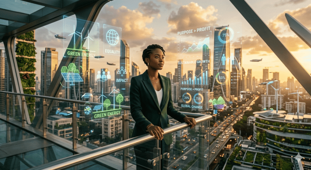 This image depicts a professional overlooking a cityscape, overlaid with digital interface elements