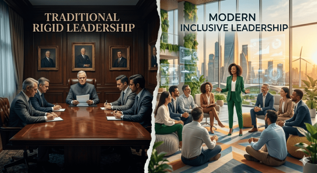 The image provides a visual comparison between two contrasting styles of professional leadership.