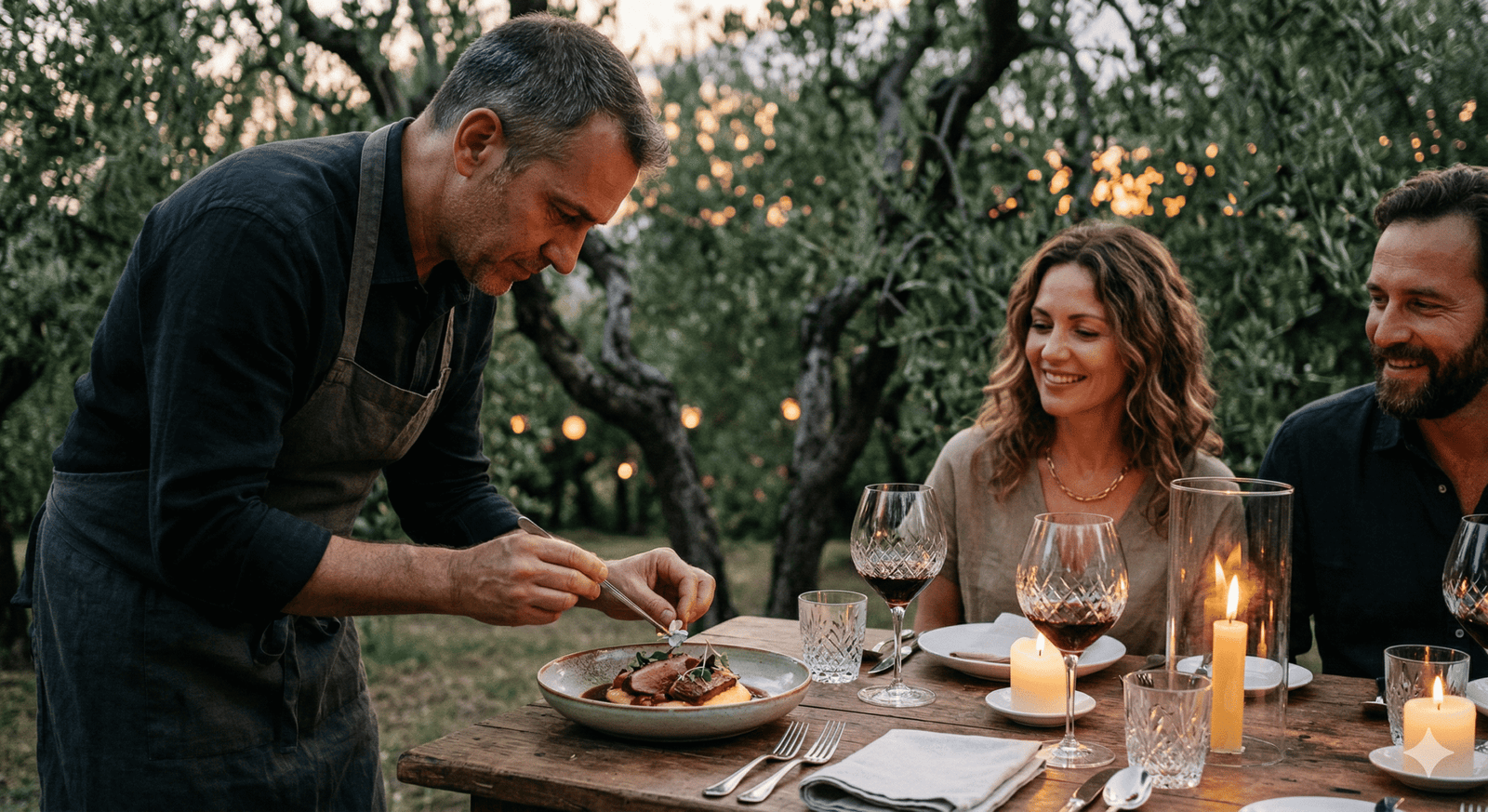 This scene depicts a luxurious, intimate outdoor dining experience