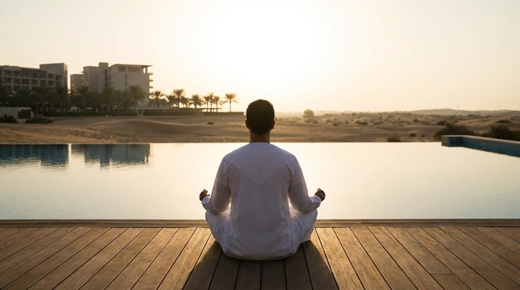 This image depicts a person engaging in a meditation session at a luxury wellness resort